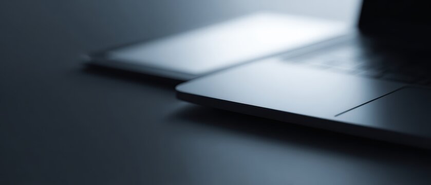 laptop and tablet mockup for tech campaign with futuristic glow, close-up shot, monochrome palette, advertising mood, soft diffused glow, ample space for text, ideal for commercial use