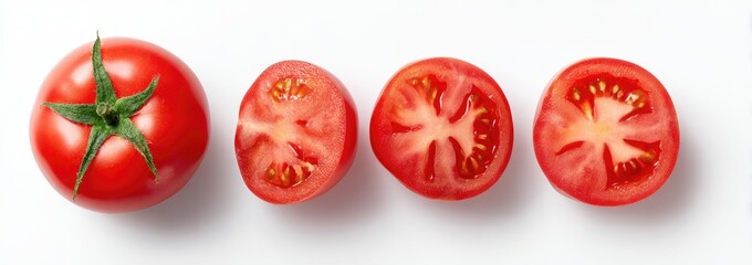 Three whole and sliced tomatoes on a white background