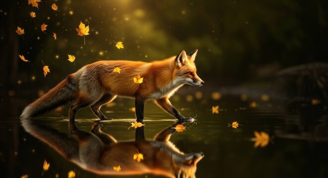 Fox reflection in calm waters with falling autumn leaves, sunlit
