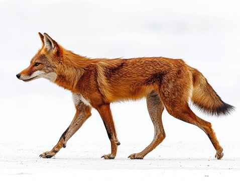 Fox struts across white. Elegant canine walks with grace, orange coat