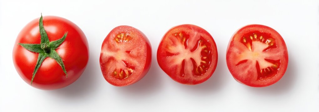 Three whole and sliced tomatoes on a white background - Powered by Adobe