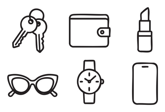Collection of hand-drawn doodle icons representing everyday female essentials like keys, wallet, lipstick, sunglasses, watch, and smartphone