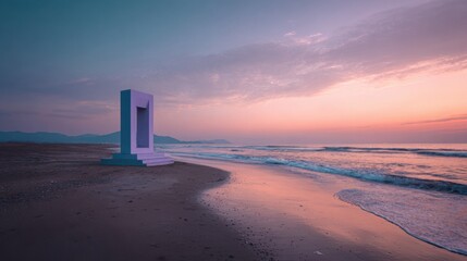 Surreal geometric doorway sculpture standing on sandy beach during colorful sunset creating dreamy mystical landscape with soft light reflections on white background