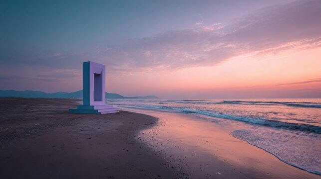 Surreal geometric doorway sculpture standing on sandy beach during colorful sunset creating dreamy mystical landscape with soft light reflections on white background