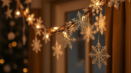 &ldquo;Glowing Hanging Snowflake Decorations in a Cozy Winter Evening Setting with Warm Lights and Soft Snowfall&rdquo;