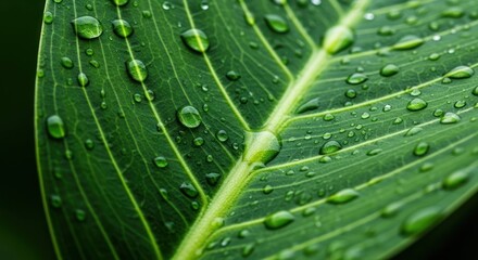 Green leaf covered in water droplets, central vein prominent