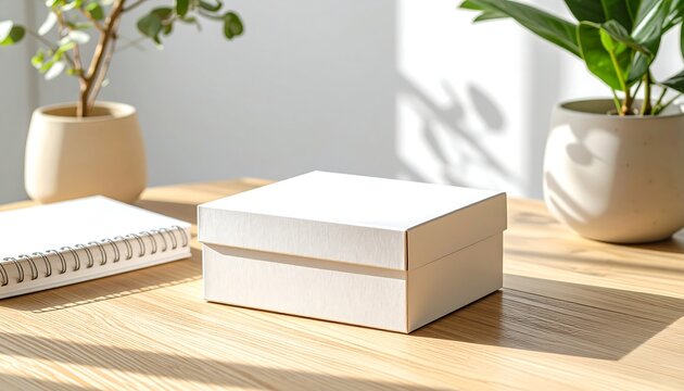 Minimalist white gift box resting on a wooden desk with potted plants and a notebook, bathed in sunlight