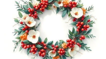Beautiful floral Christmas wreath decorated with white blossoms, bright red berries, green leaves, and soft orange accents, arranged in a delicate circular design on a clean white background. 