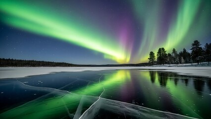 Spectacular Aurora Borealis Reflecting on Frozen Lake in Lapland, Finland.