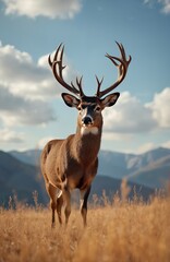 Male mule deer stands proudly in golden autumn meadow. Dramatic mountain backdrop illuminates majestic antlers. Wildlife portrait evokes wilderness, strength, natural beauty. Ideal for outdoor