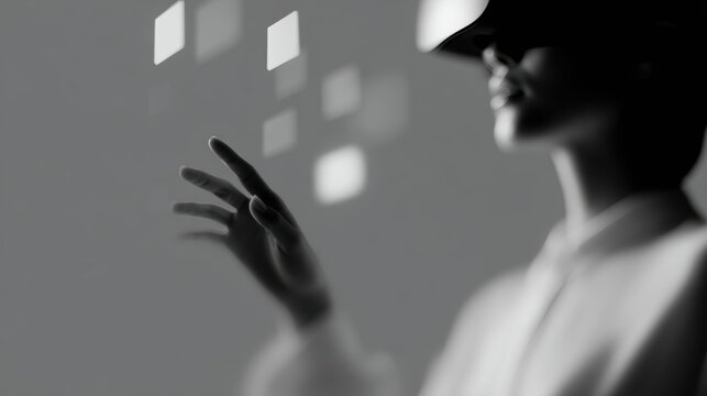 AR headset user interacting with floating UI widgets, dynamic perspective, monochrome palette, clean aesthetic, controlled studio lighting, minimal composition, brand-safe, no logos