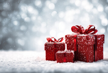  red gift boxes with satin ribbons lightly dusted with snow in a dreamy winter wonderland scene with falling snowflakes and soft bokeh background.