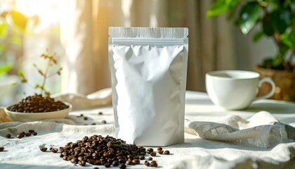 High-quality white stand-up pouch filled with roasted coffee beans, featuring a white mug and greenery in the background, bathed in natural sunlight