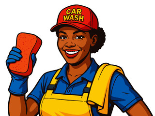 Fototapeta premium cheerful car wash employee holding a sponge, perfect for service, cleaning, and business themes. Generative ai vector colorful pop art illustration.