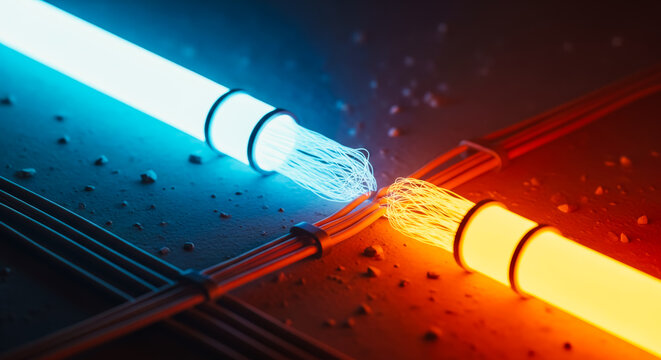Illuminated fiber optic cables transmit data, representing the cutting edge of digital communication and connectivity.