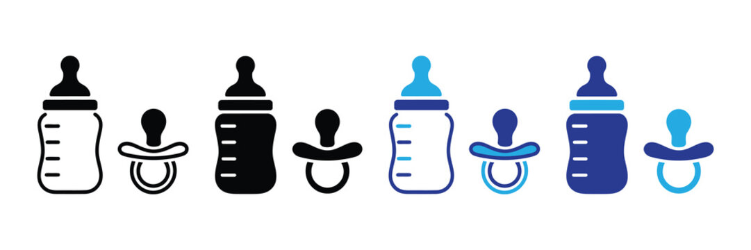 Collection of baby bottle and pacifier icons in various styles and colors, representing infant feeding and soothing essentials for design use.