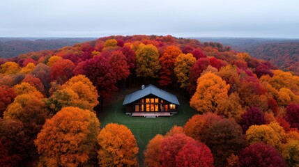 A serene cabin enveloped by vibrant autumn foliage in nature's stunning display.