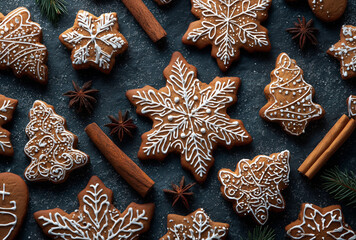 Top view of assorted gingerbread cookies shaped as snowflakes, stars and Christmas trees with white icing, cinnamon sticks and star anise on dark textured background.