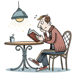 A man in a brown sweater and red shoes reads at a small table under a lamp.