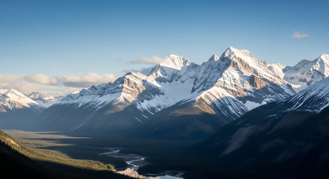 Snowy mountains and valley under a clear blue sky