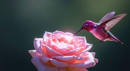 Fototapeta premium Hummingbird reaching into a pink rose, wings spread, against blurred green