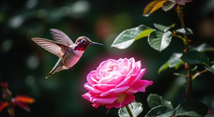 Fototapeta premium Hummingbird hovers near pink rose, blurred green foliage background
