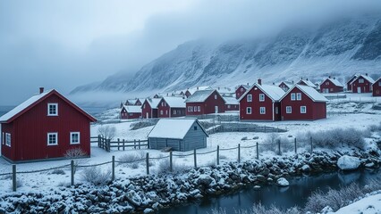Peaceful winter village scene featuring charming red houses nestled between snowy mountains, frosted bushes, and a soft, misty sky, creating a serene and picturesque Nordic-style winter landscape.