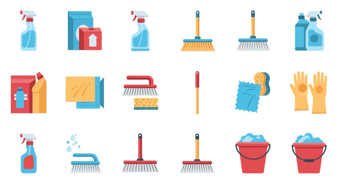 Variety of essential household cleaning supplies and equipment for effective home sanitation and maintenance tasks