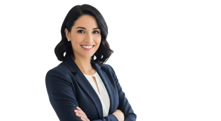 Professional woman smiling in a navy blazer and white blouse against a black background portrait style