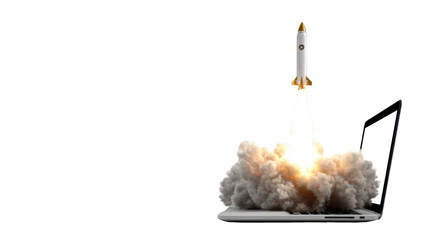 Creative concept of rocket launching from laptop computer with fiery exhaust plume representing innovation technology startup and digital growth on white background