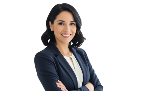 Professional woman smiling in a navy blazer and white blouse against a black background portrait style - Powered by Adobe