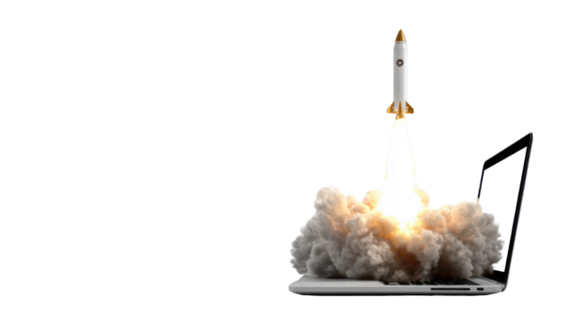 Creative concept of rocket launching from laptop computer with fiery exhaust plume representing innovation technology startup and digital growth on white background