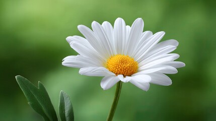 Obraz premium Close-Up of a Beautiful Single White Daisy Flower with Yellow Center and Green Leaves on an Out-of-Focus Natural Background in Bright Daylight