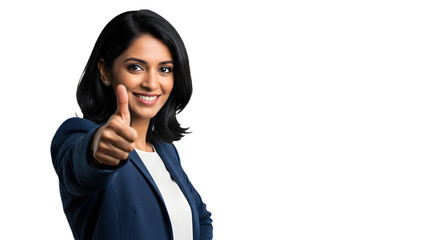 Woman in a blue blazer giving a thumbs up with a smile against a black background on the left side