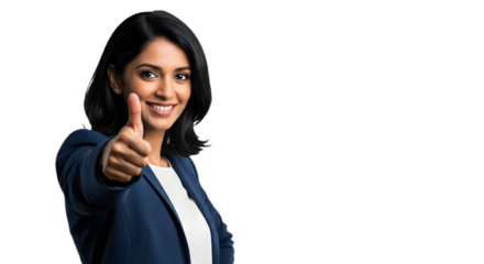Woman in a blue blazer giving a thumbs up with a smile against a black background on the left side