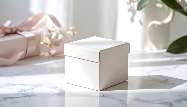 Elegant unopened gift box on a marble surface, adorned with soft pastel ribbon and bokeh background, perfect for special occasions
