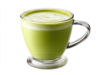 A glass mug of frothy, vibrant matcha latte