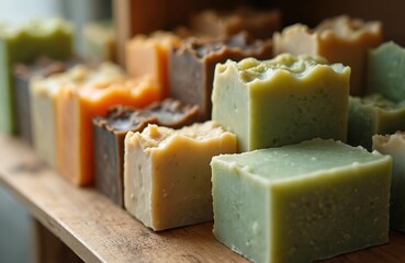 Various handmade soap bars display. Assortment of artisanal organic soaps in different colors. Variety of natural herbal scented soap with textured surface stacked on shelf.