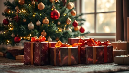 Warm and cozy Christmas living-room scene with a beautifully decorated tree, glowing lights, wrapped presents, and festive stockings on the soft carpet, creating a magical holiday atmosphere.
