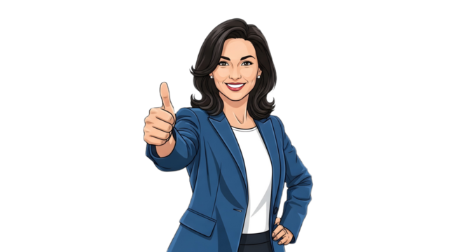 Cartoon woman in a blue blazer giving a thumbs up with a smile against a black background isolated