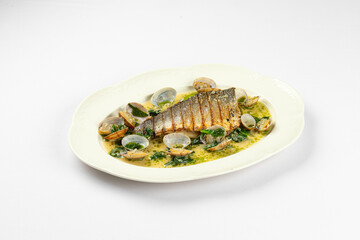 Delicate grilled fish fillet served with fresh clams in a rich aromatic herb butter sauce
