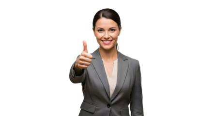 Businesswoman in gray suit giving thumbs up gesture with a smile against black background