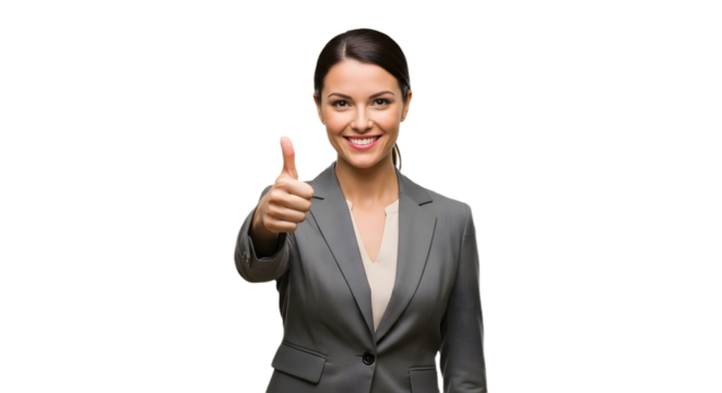 Businesswoman in gray suit giving thumbs up gesture with a smile against black background