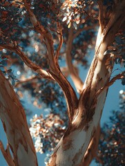 Close-up view of a tree trunk and branches, sunlit