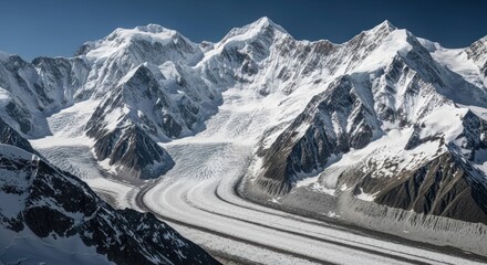Majestic snow-covered mountains and glacial valley under a clear blue sky