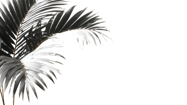 Elegant black and white palm leaves composition showing intricate tropical fronds with artistic lighting for botanical, decorative, and modern design themes on white background