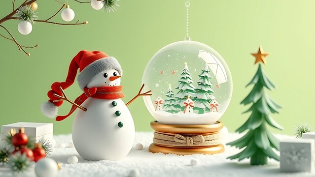 A cheerful snowman with a festive hat and scarf stands beside a snow globe and christmas tree