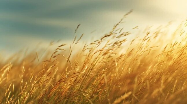 Golden hour light dances through swaying wild grass creating a peaceful meadow scene, perfect for nature documentaries or serene countryside promotions