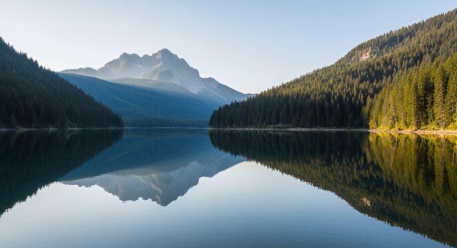 Calm lake reflecting mountains and forest trees