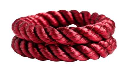 Thick twisted red rope formed into circular bracelet shape showcasing textured fibers and detailed woven pattern for craft and fashion concepts on white background